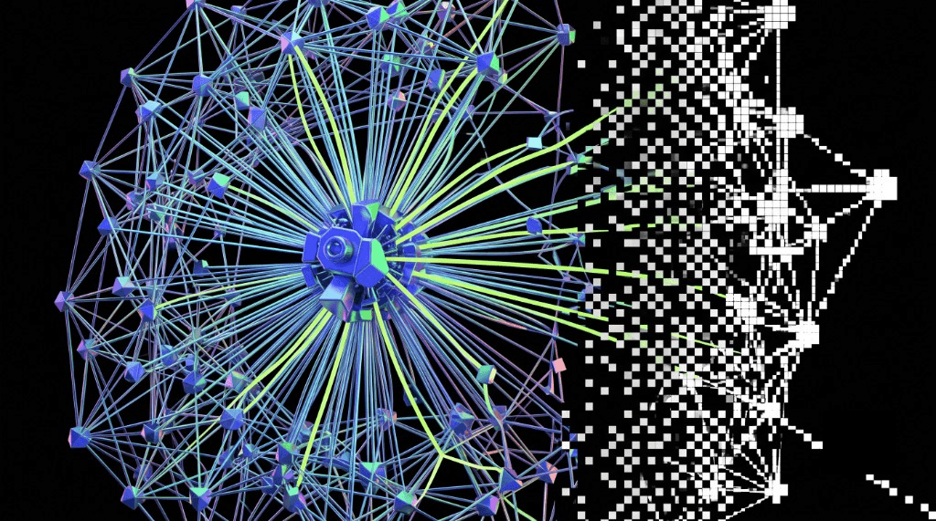 A 3D attention network radiating from a central query point and dissolving into pixels