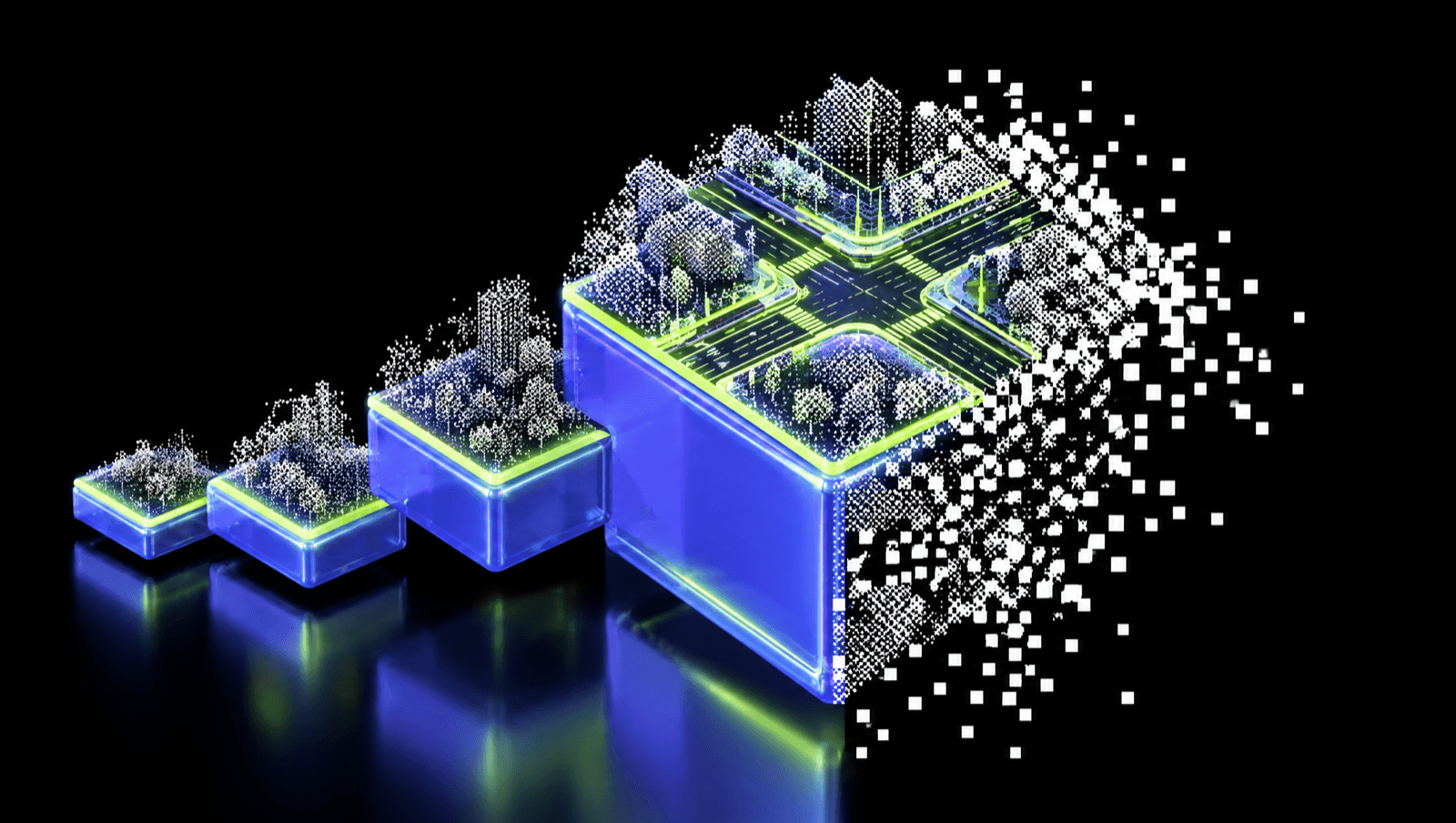 Rising glossy 3D blocks of point clouds, the tallest topped by an intersection drawn in lime linework, transitioning into a black-and-white point cloud