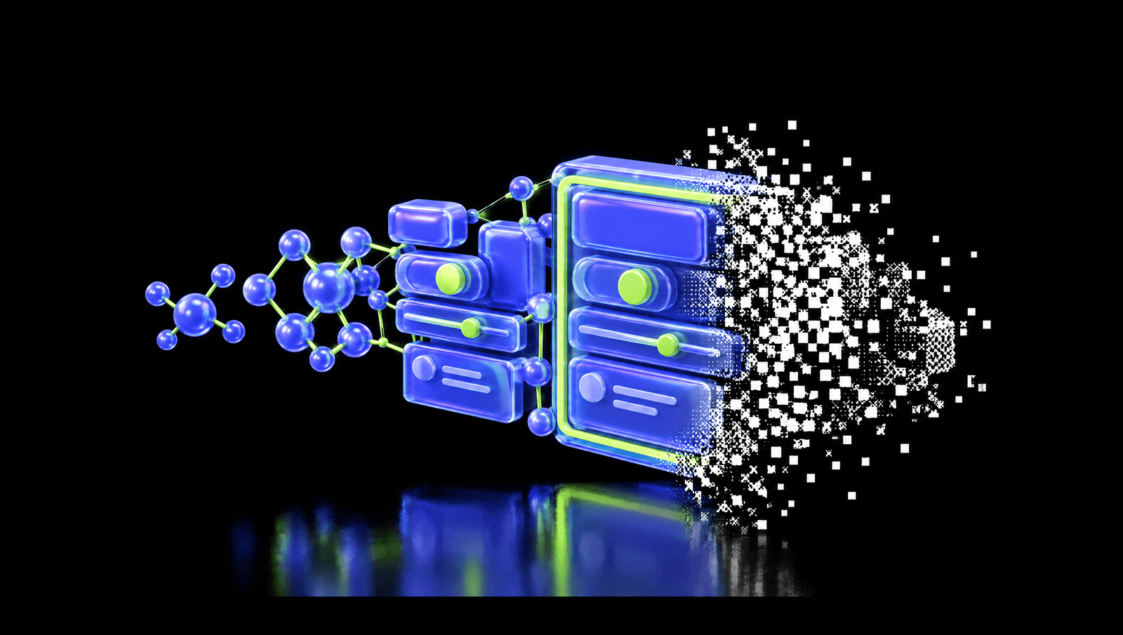 Glossy 3D atoms linking into molecules and then into stacked interface components, transitioning into a black-and-white pixel field