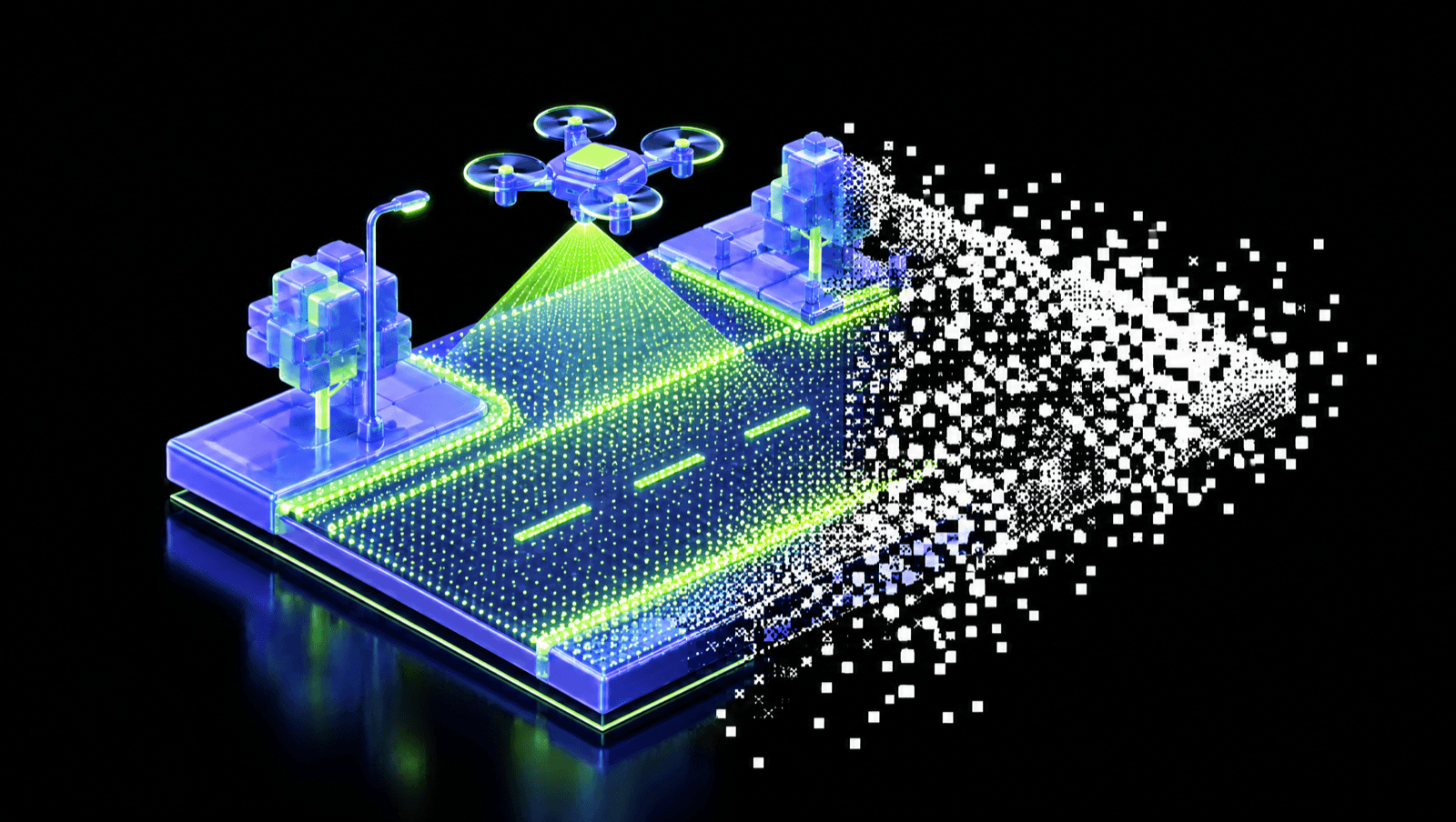 A glossy 3D drone scanning a road segment into a dense grid of points, transitioning into a black-and-white point cloud