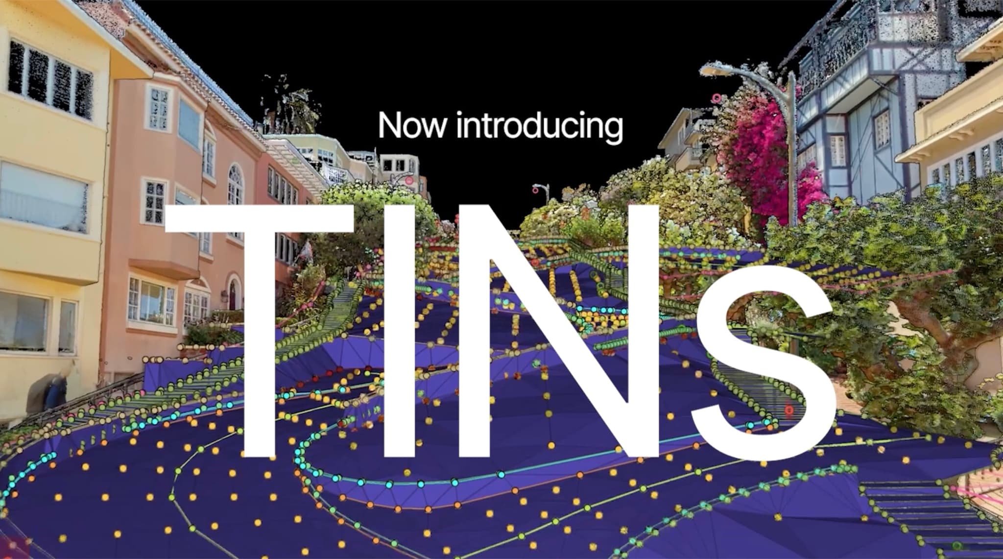 Now introducing TINs: a TIN surface rendered over the point cloud of a winding residential street