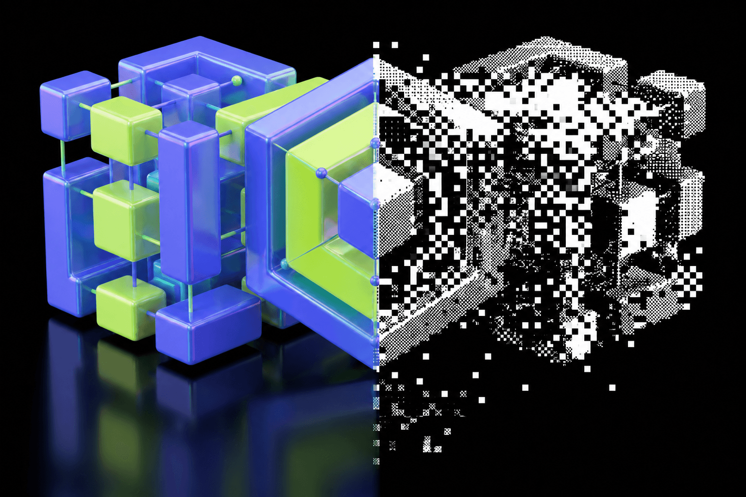 A solid 3D cube structure transitioning into a black-and-white point cloud