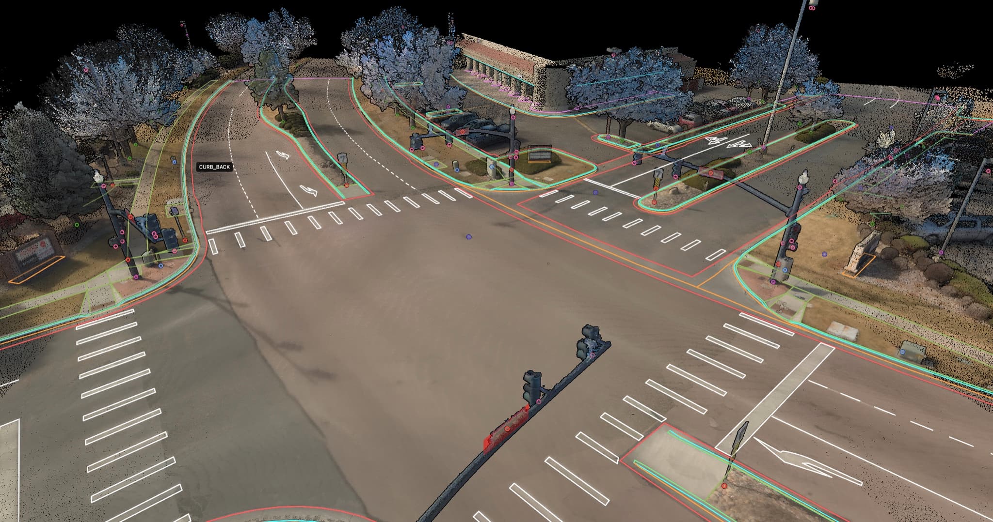Point cloud of a roadway intersection with extracted linework overlaid in the Mach9 viewer
