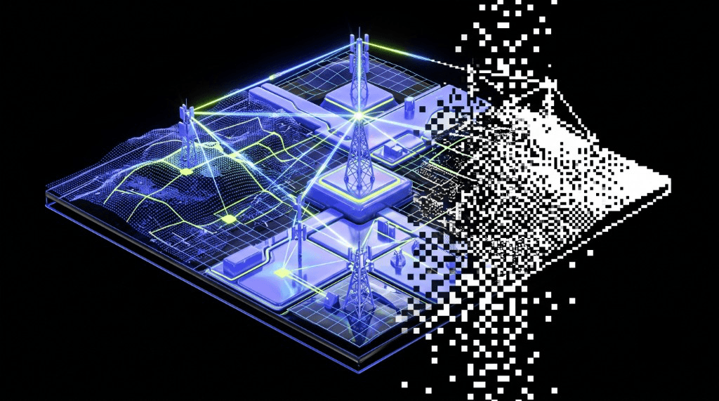 Isometric telecom towers on a geospatial terrain platform dissolving into pixels