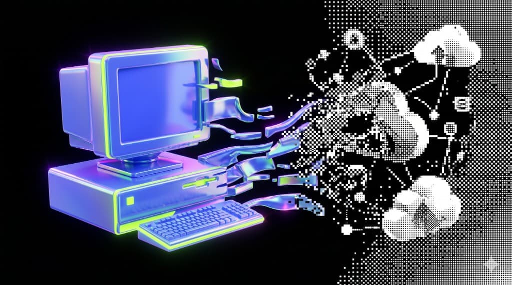 Retro desktop computer dissolving into cloud and network icons