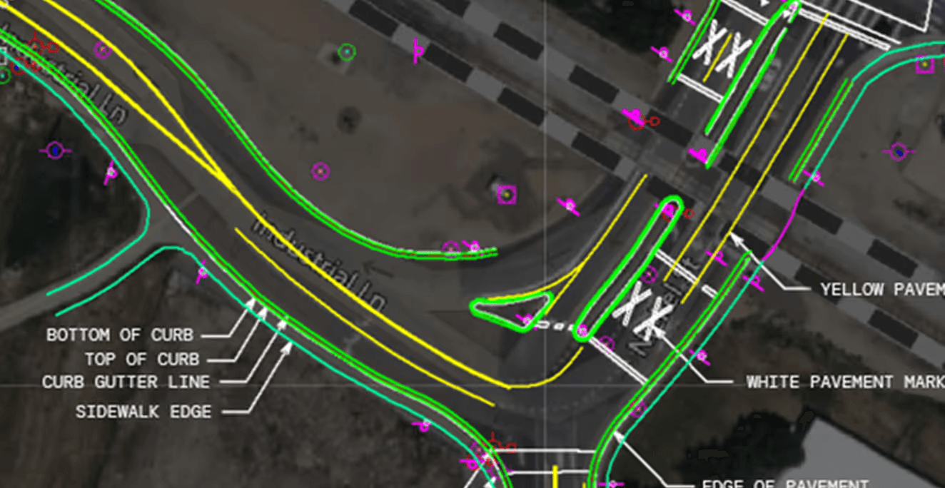 Extracted CAD/GIS deliverables overlaid on the point cloud