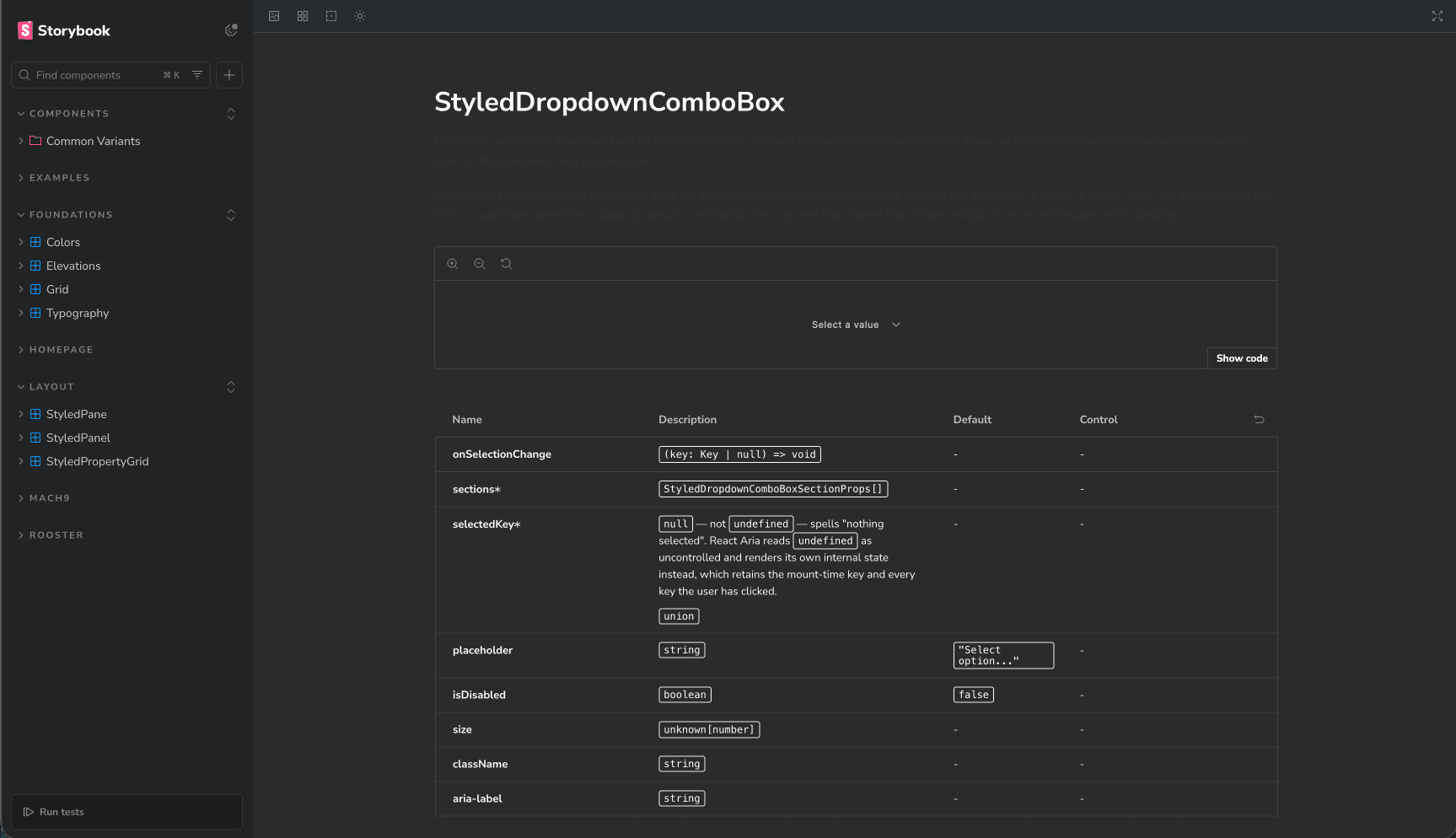 Mach9's Storybook before the audit: the StyledDropdownComboBox docs page in dark mode, next to a sidebar of loosely grouped component folders
