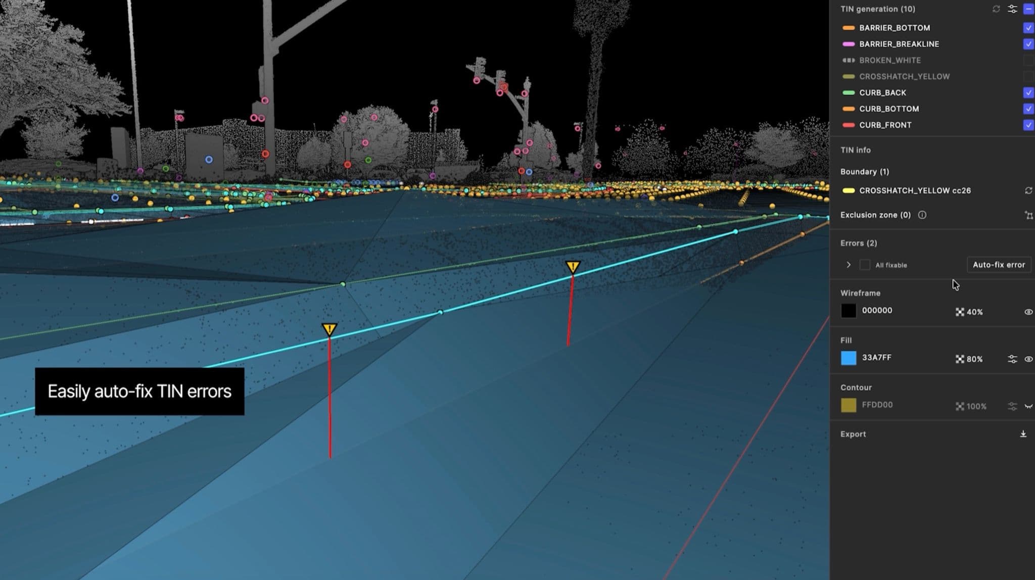 TIN diagnostics pinned on a roadway surface in the Mach9 viewer, with two fixable errors flagged and an auto-fix option in the panel