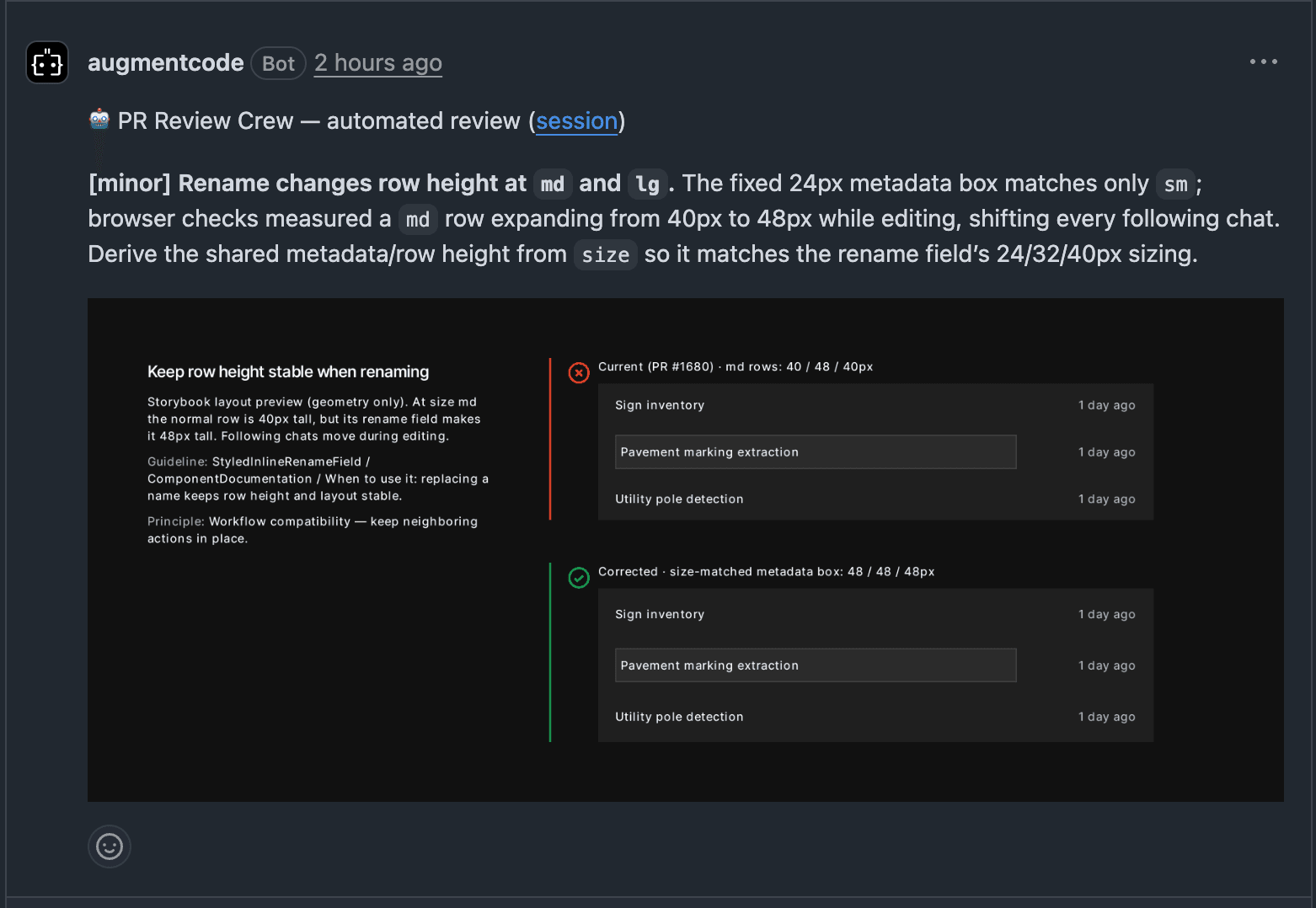 An automated PR review comment from the Augment Code bot flagging a row-height shift in a rename field, with current and corrected Storybook layout previews