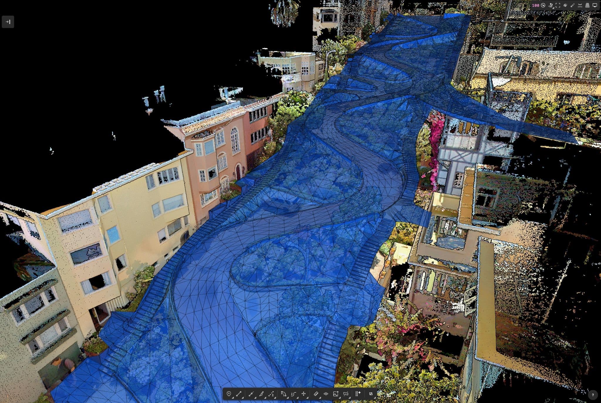 Generated TIN surface rendered as fill and wireframe with contours, on top of the point cloud of a winding residential street